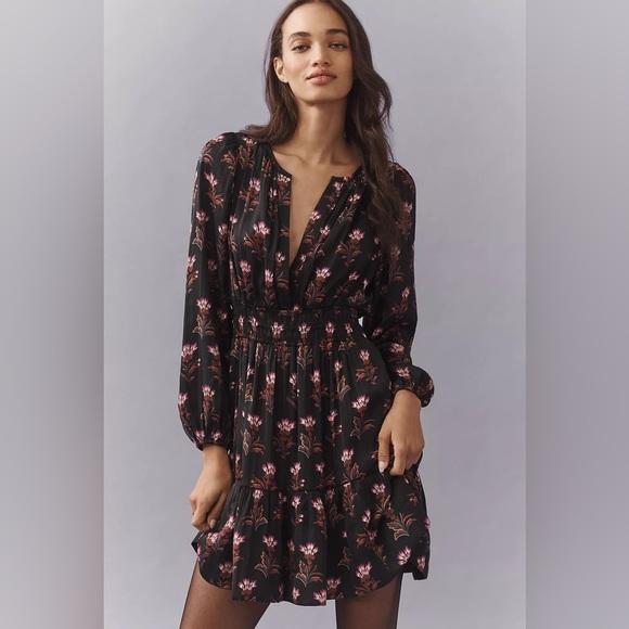 NWT! ANTHROPOLOGIE The Somerset Mini Dress: Long-Sleeve Edition - Black & Pink - Picture 1 of 5